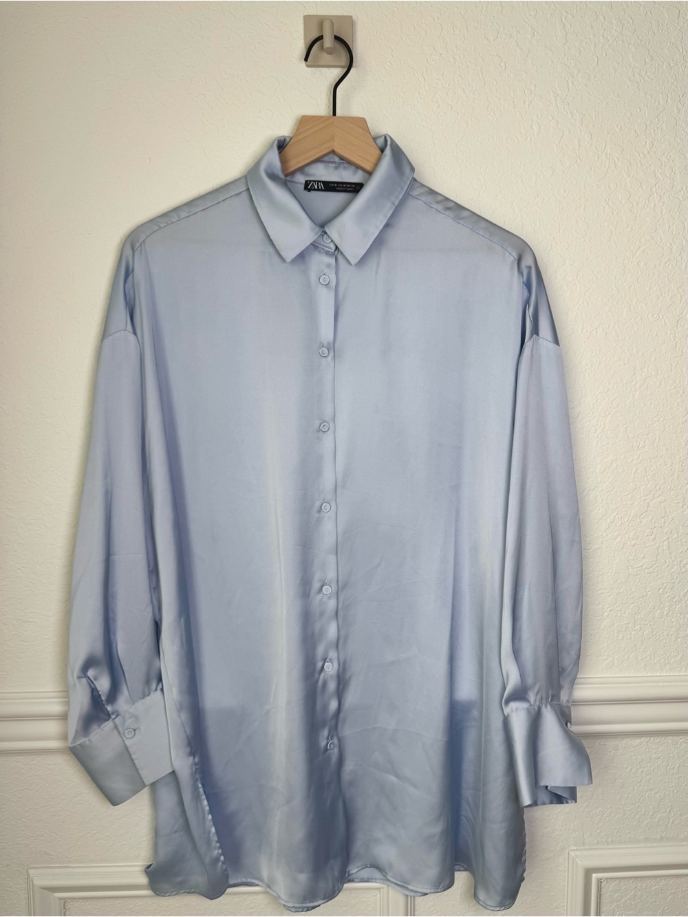 Zara Light Powder Blue Satin Women's Button-Up Oversized Blouse
